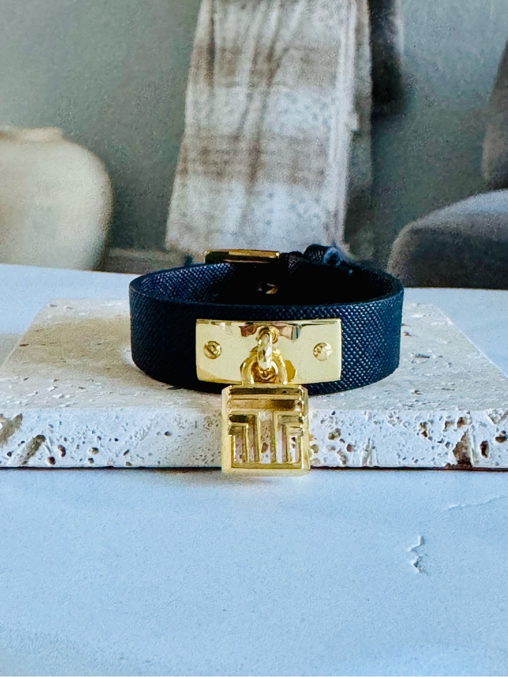 Authentic Tory Burch Black Textured Leather & Gold Logo Lock Bracelet - Picture 12 of 13